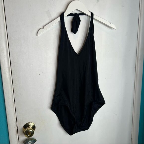 Lem Lem Black Halter One-Piece Swimsuit minimalist deep V - Picture 1 of 3